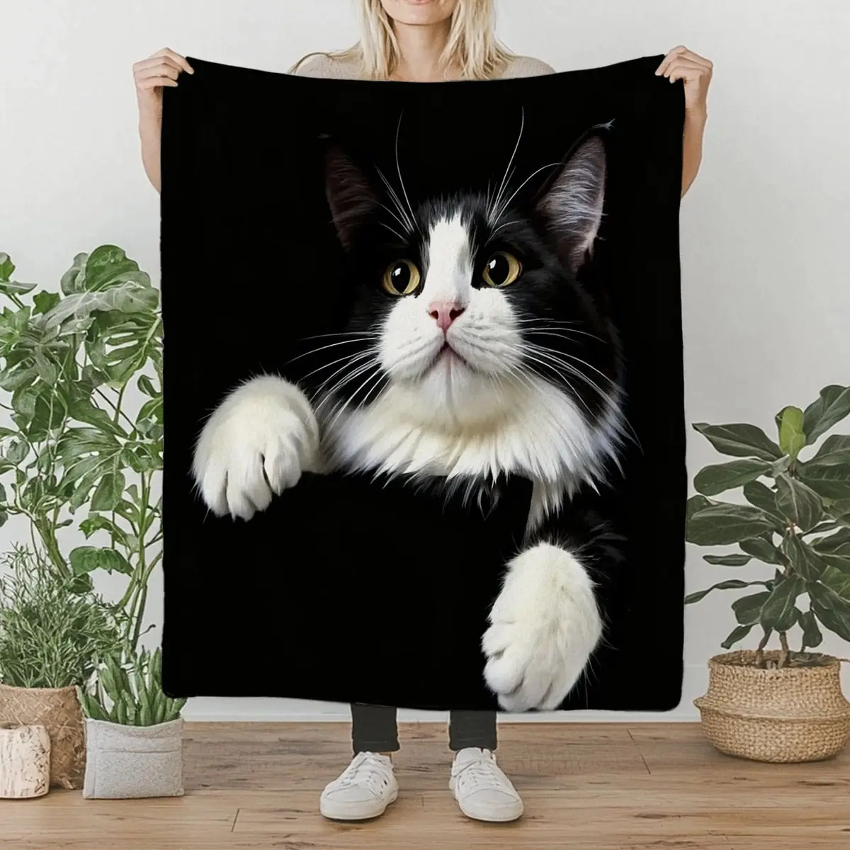 Peeking Tuxedo Cat Flannel Blanket, Realistic Fluffy Pet Cat Art Throw for Living Room Bedroom & Warm Holiday Gift Picks