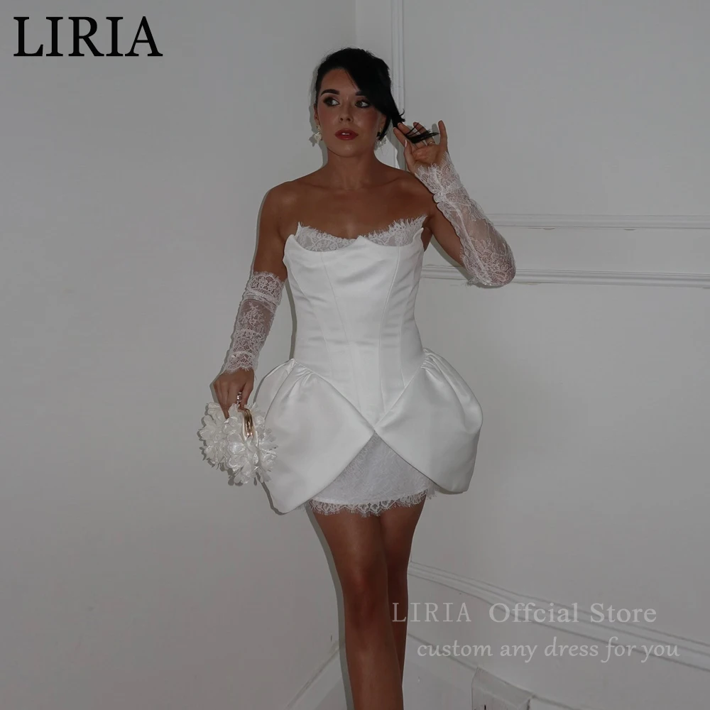 LIRIA Charming Short Satin Wedding Dress Women Boat-Neck Lace Beading Pleat Sleeveless Open Back Lace-up Party Gown Customized