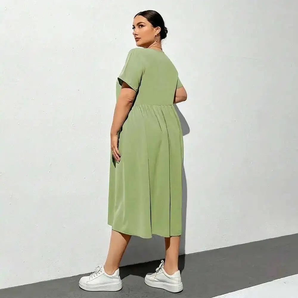 

Spring/summer New V-neck 2025 Short Sleeve Knee Over Skirt Solid Color Loose High Waist Dress Party Summer Elegantes Casual Y2k