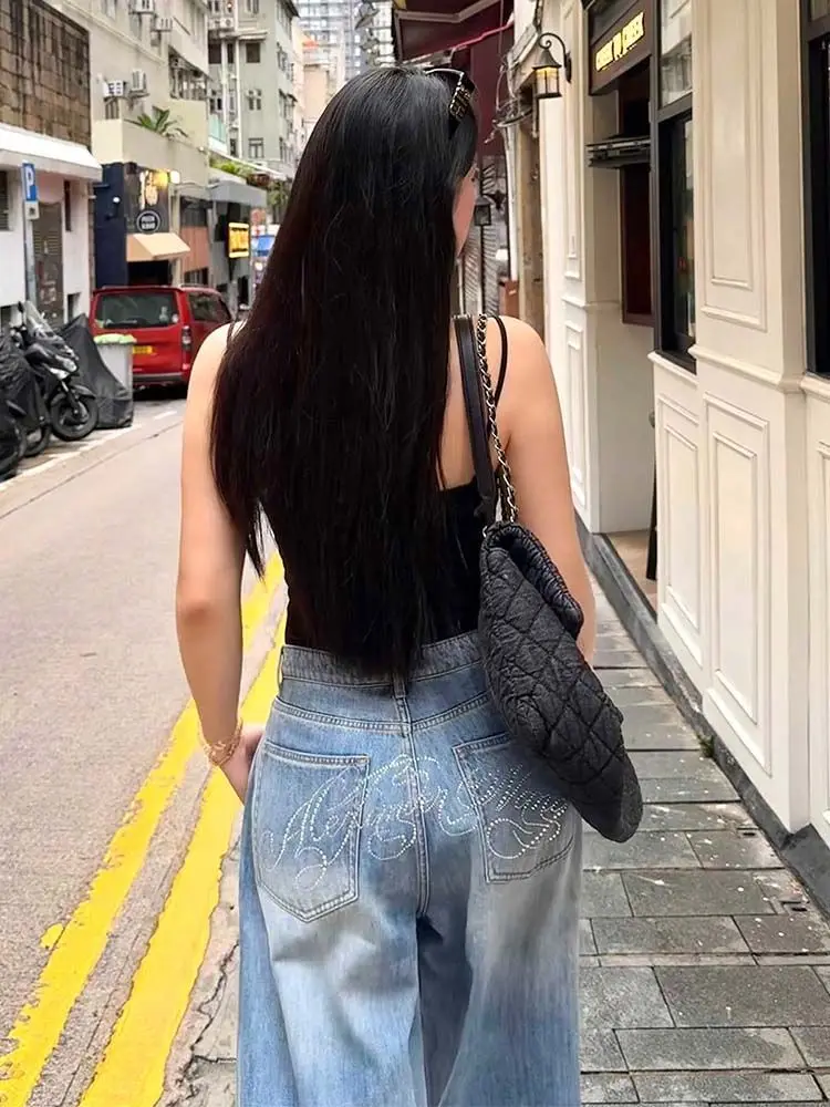 Harajuku الساخن الماس فضفاض الجينز النساء الملابس الشارع الهيب هوب خمر عالية الخصر الجينز امرأة عادية واسعة الساق الجينز Y2k السراويل