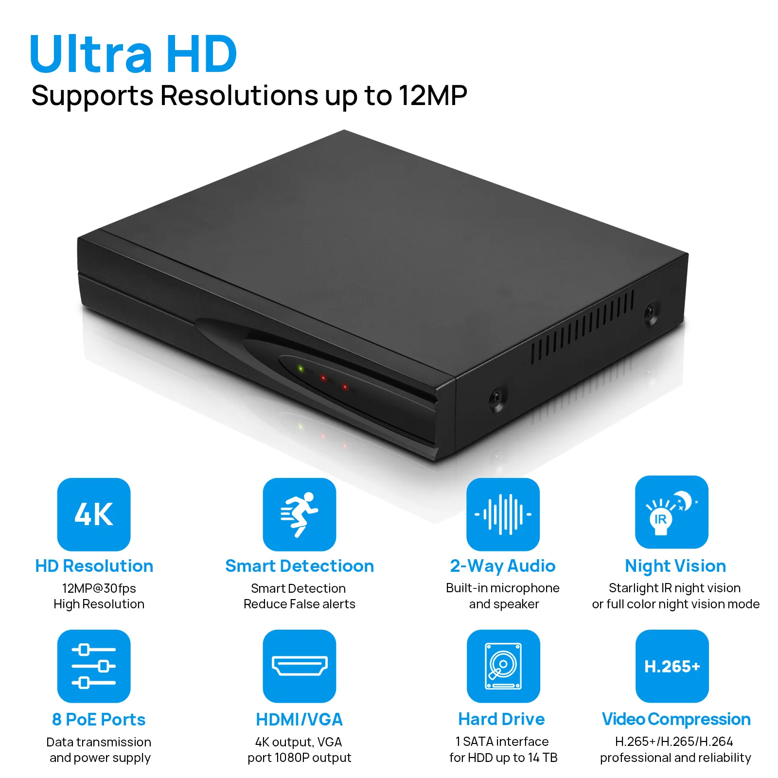 Vikylin 4K NVR UP to 12MP Home CCTV Security Surveillance System 8ch 8POE 4K POE NVR Home Security Protection Camera System