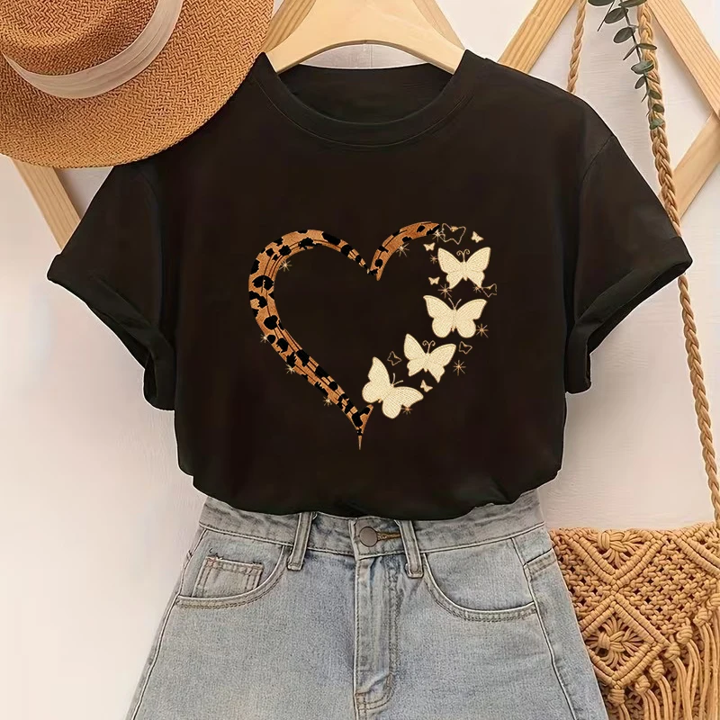 Damen-T-Shirt mit schwarzem Schmetterlings- und Herz-Print, lässiges Kurzarm-Oberteil mit O-Ausschnitt für den Sommer, Y2k-Kleidung für Frauen