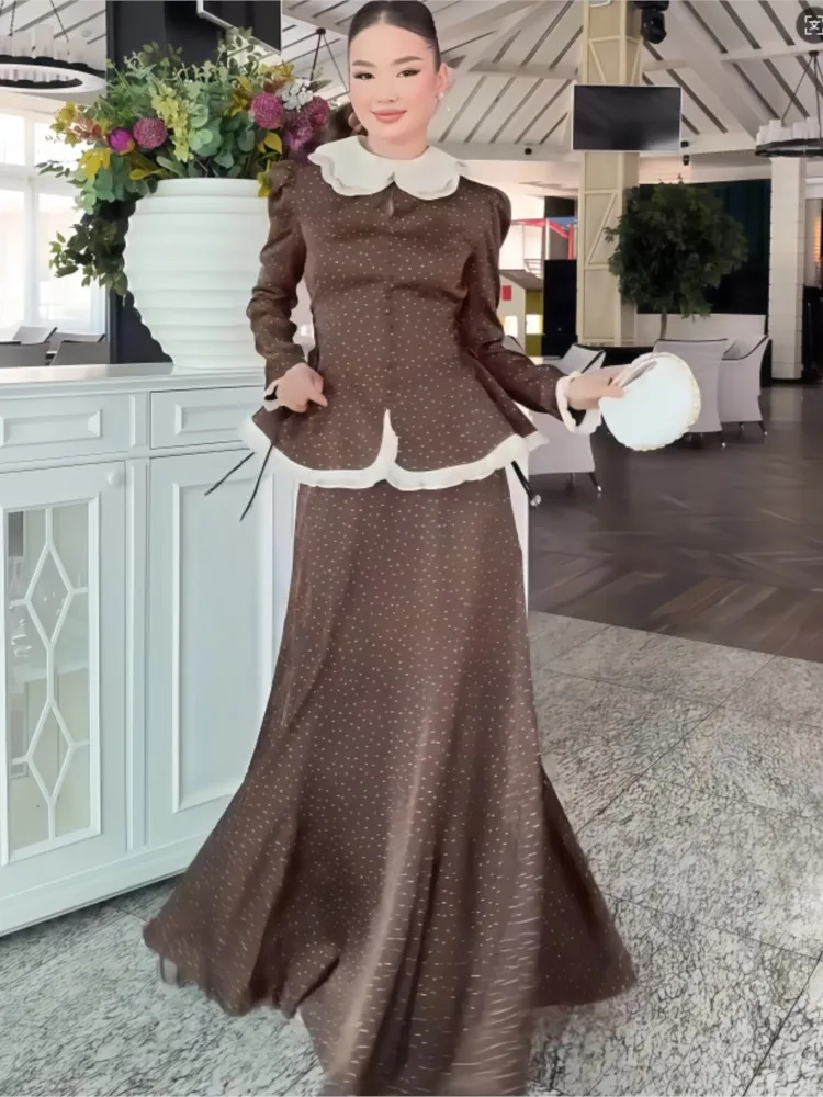 

Woman 2 Piece Set Outfit New Autumn Long Sleeves Slim Tops Temperament High Waist Skirt Polka Dots All-match Elegant Fashion