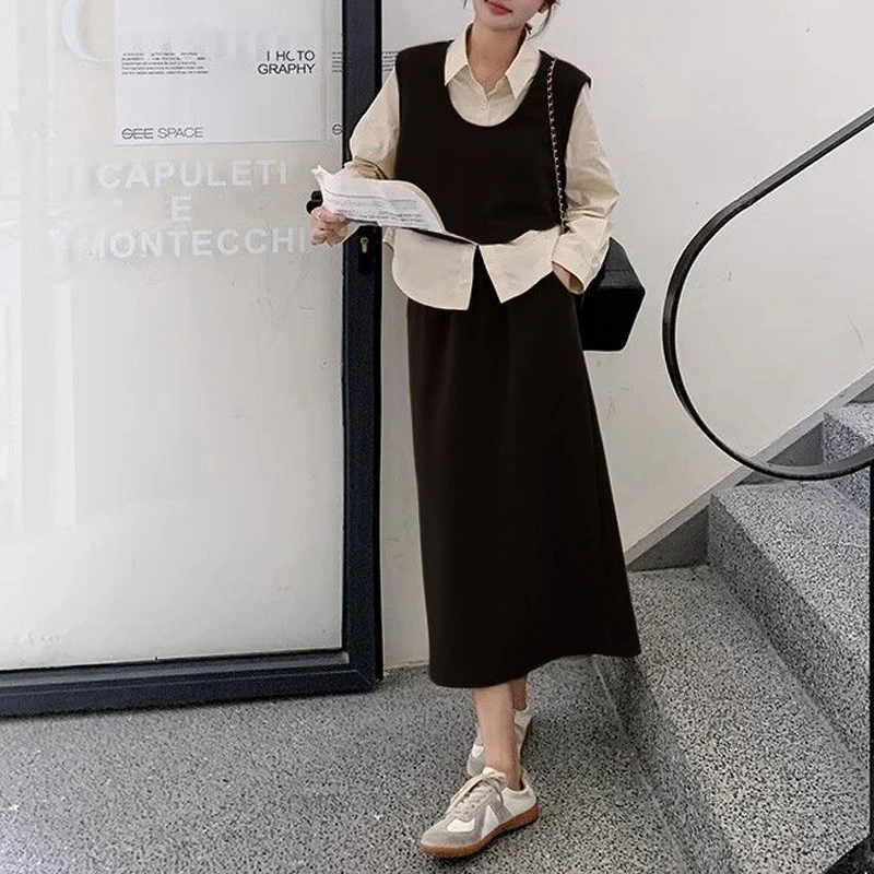 Spring Autumn Turn-down Collar Ladies Suits Long Sleeve Button Shirt Elastic Waist A-line Skirt Solid Color Casual Loose Vest