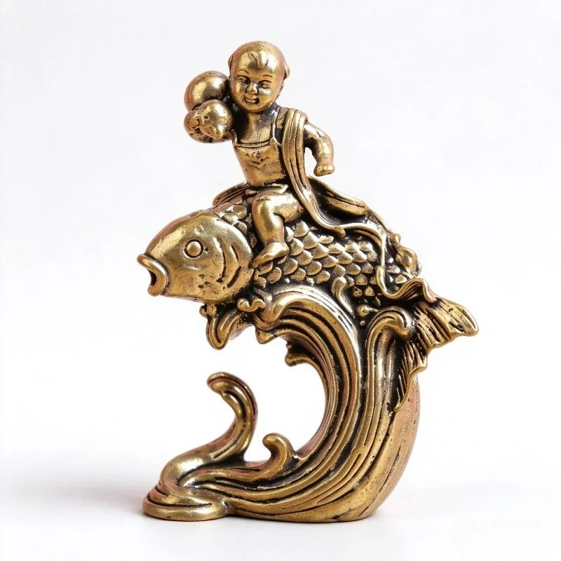 Brass Ancient Oriental Child Riding Fish Figurine, Retro Metal Statue, Desktop Tea Pet Ornament for Home Decor & Collection