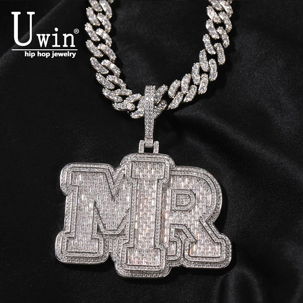 Uwin One-piece Custom Baguette 3 letters Name Necklace Cursive Letter With Tennis Chain Cubic Zirconia Fashion Hiphop Jewelry