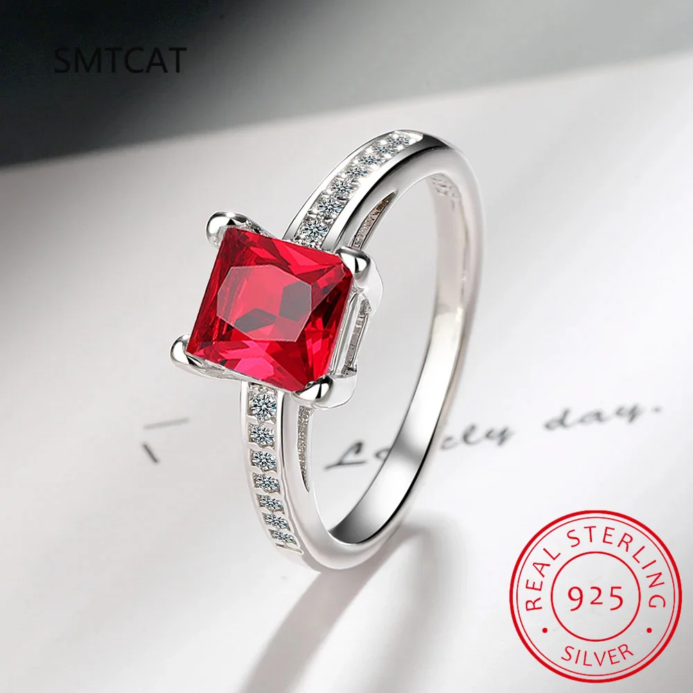 2.2ct Created Red Ruby 925 Sterling Silver Solitaire Engagement Ring for Women Cushion Cut Gemstone Wedding Gift