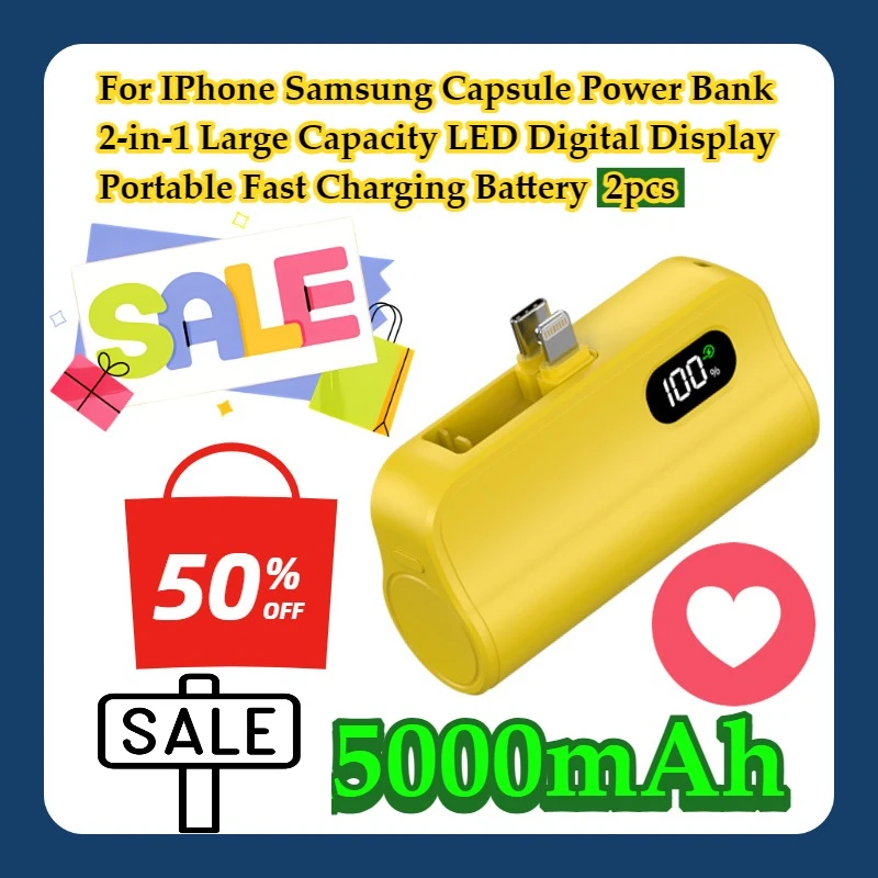 For IPhone Samsung 5000mAh Capsule Power Bank 2-in-1 Large Capacity LED Digital Display Portable Fast Charging Battery 2pcs
