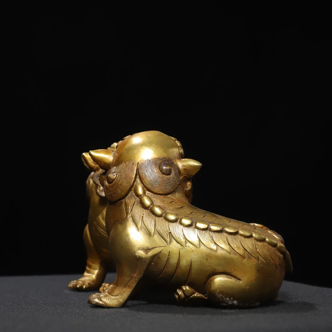 Old Bronze Gilded Cinnabar Watch Lion Statue a pair Town God Beast Lion Town house