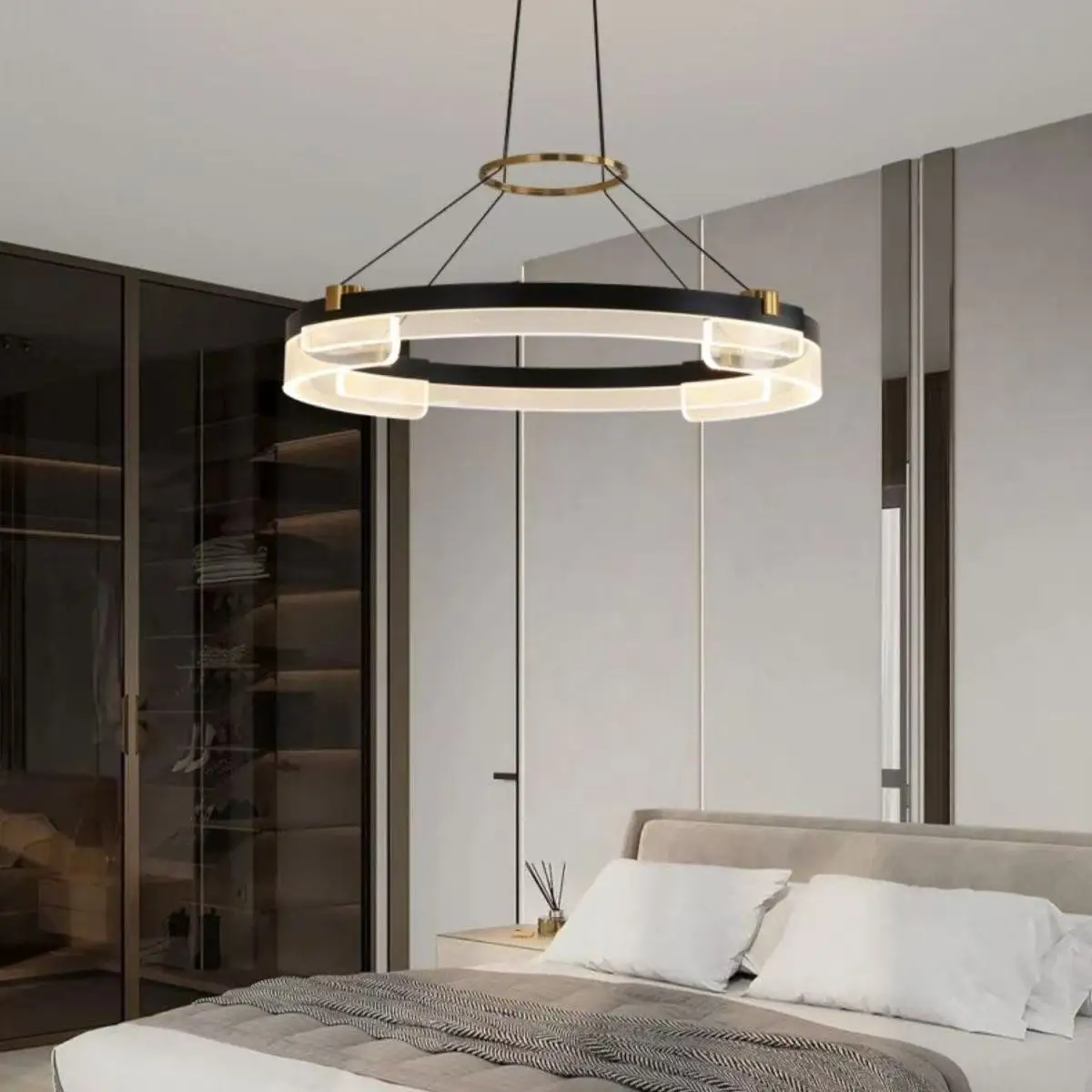 Modern Italian Ring Chandelier Living Room Bedroom Ring Chandelier Acrylic Lampshade Led Light Source Double-Layer Pendent Lamp