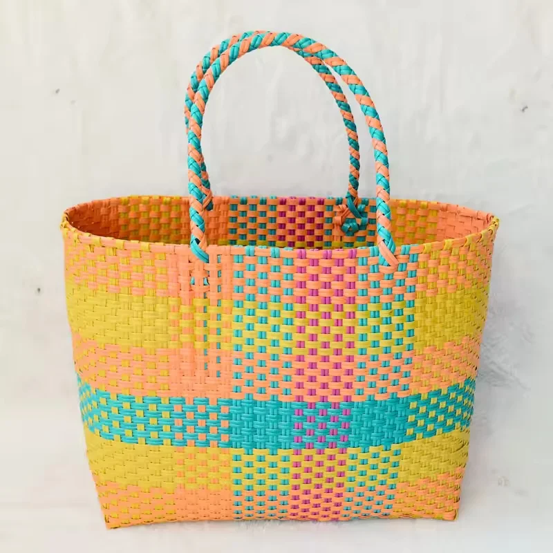 

Portable Handwoven Women Handbag Large Capacity Open Top Shopping Vegetable Basket PVC Macaron Casual Bag