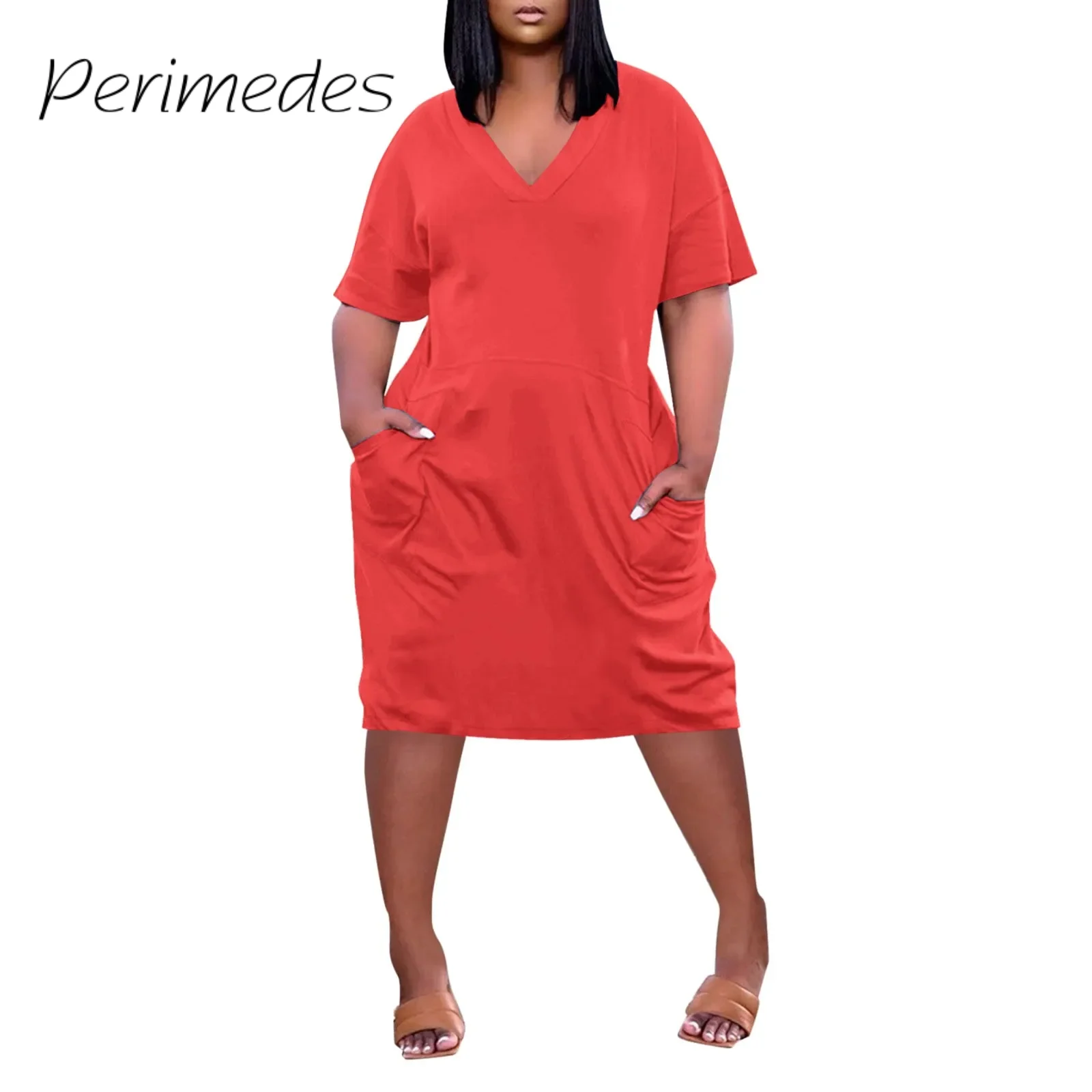 

Summer New Plus Size Dress For Ladies V-Neck Short Sleeve Dress Knee Length With Pockets Soild Color Casual Oversized Dress