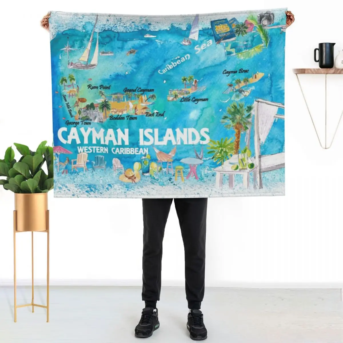 Cayman Islands Illustrated Travel Map with Roads and Highlights Throw Blanket Bed covers Soft Plaid funny gift Softest Blankets