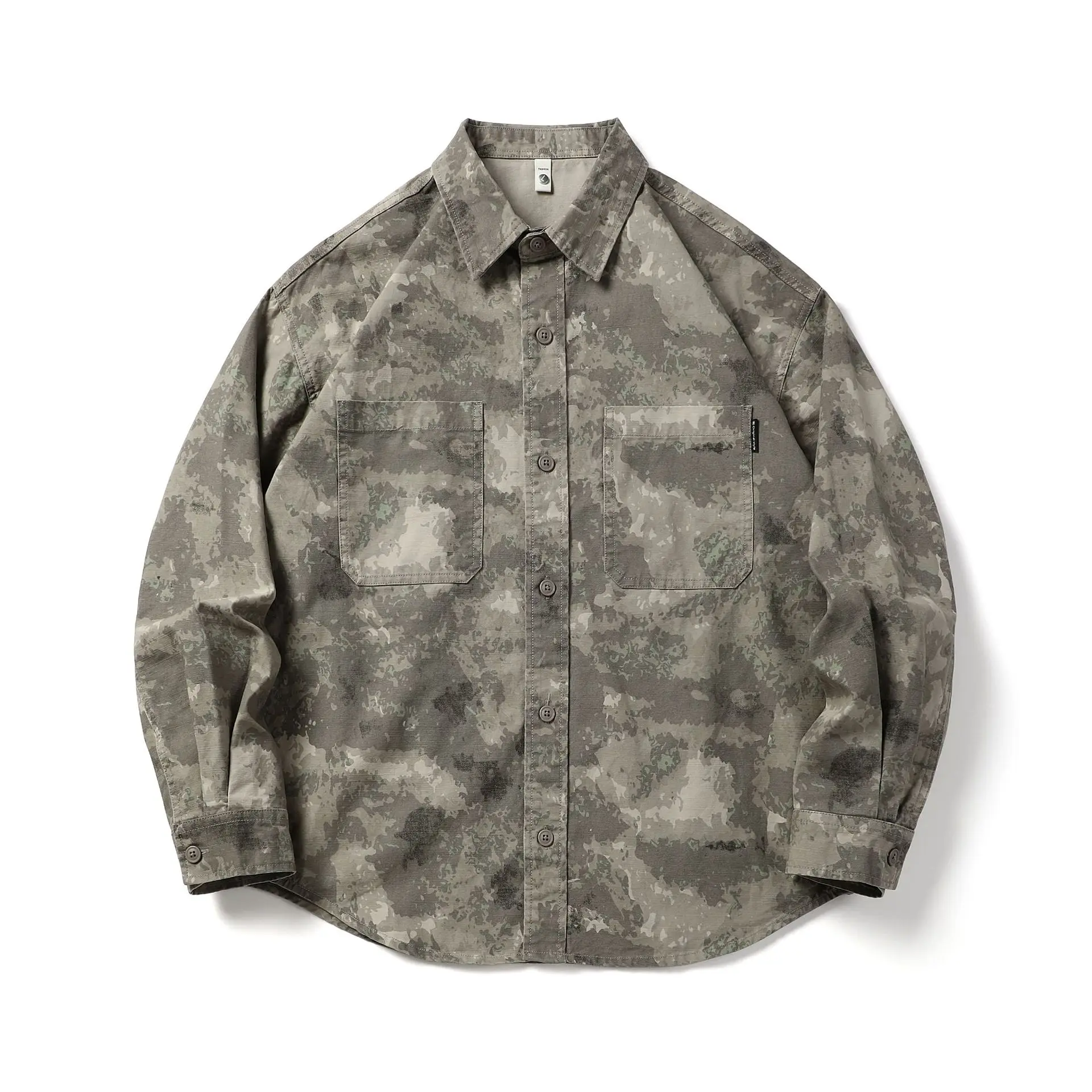 

Japanese Retro Streetwear Brand Heavyweight Workwear Shirt Jacket Distressed Camo Long-Sleeve Shirt - Men's Vintage Overshirt