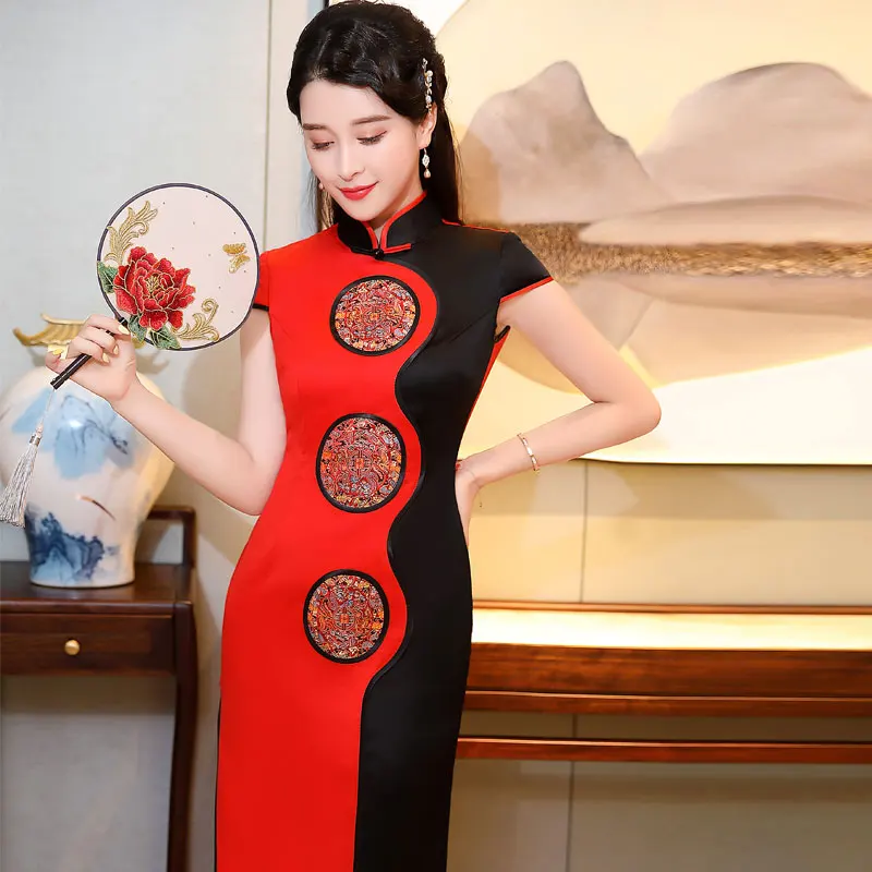 

Spring Long Young Women's Dance Performance Costume Retro Sle High Slit ort Sve Pure Color Polyester Fiber