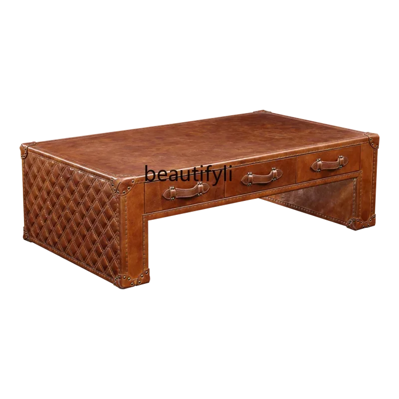 

ss Css03 American medieval style coffee table retro old craftsmanship space aluminum leather rectangular tea table living room