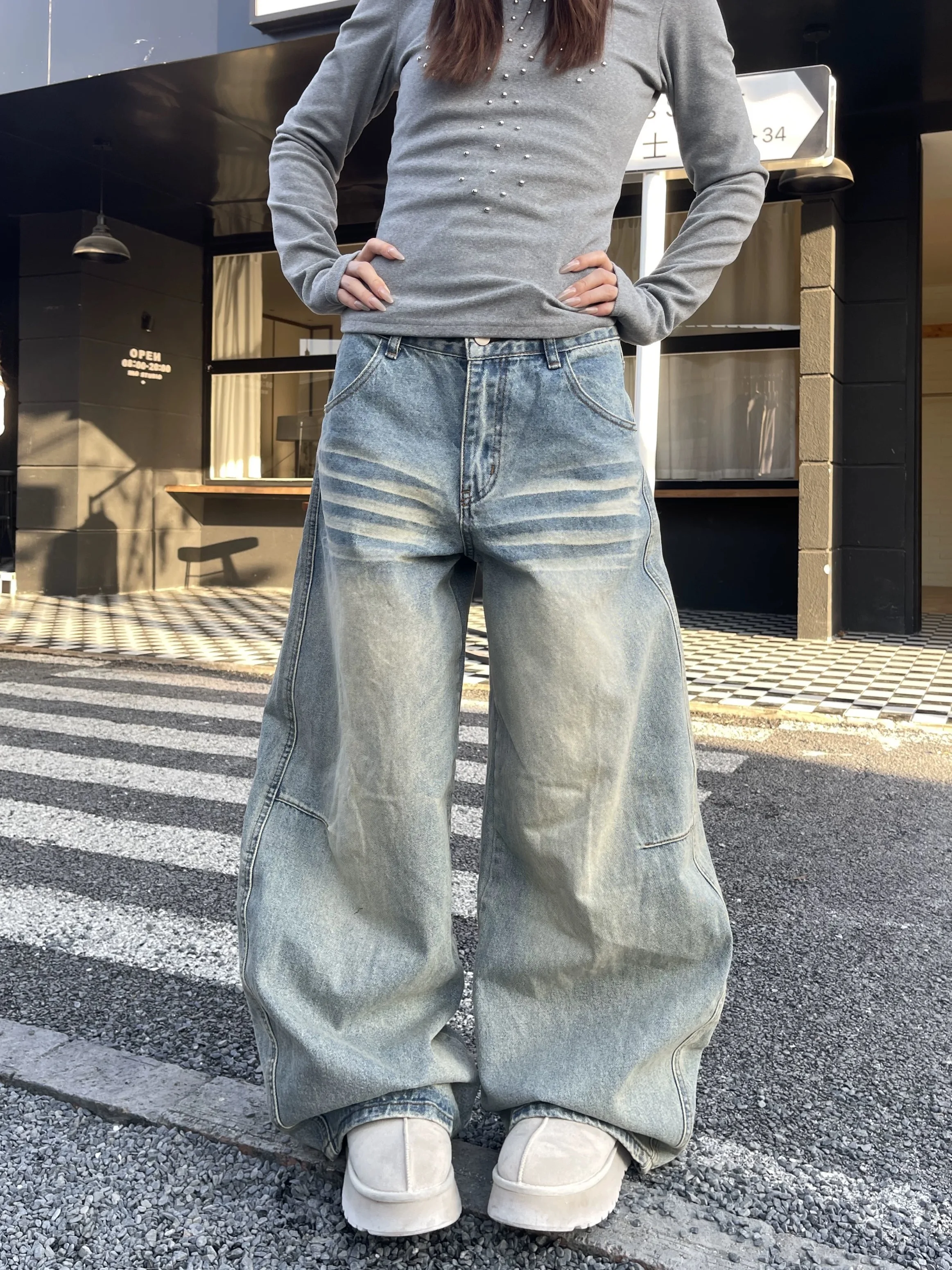 Y2K Womens Embroidered Curved Knife Straight Leg Jeans American Slim Loose Washable Floor Versatile Pants