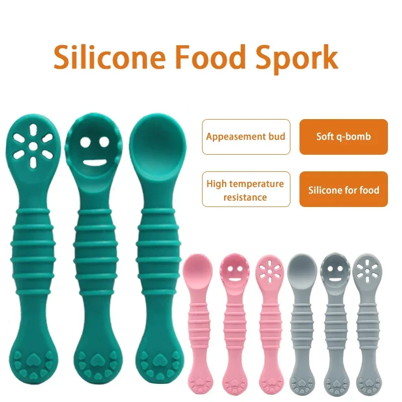 3PCS Silicone Spoon Fork For Baby Utensils Set Feeding Food Toddler Learn To Eat Training Soft Fork Cutlery Children\'s Tableware