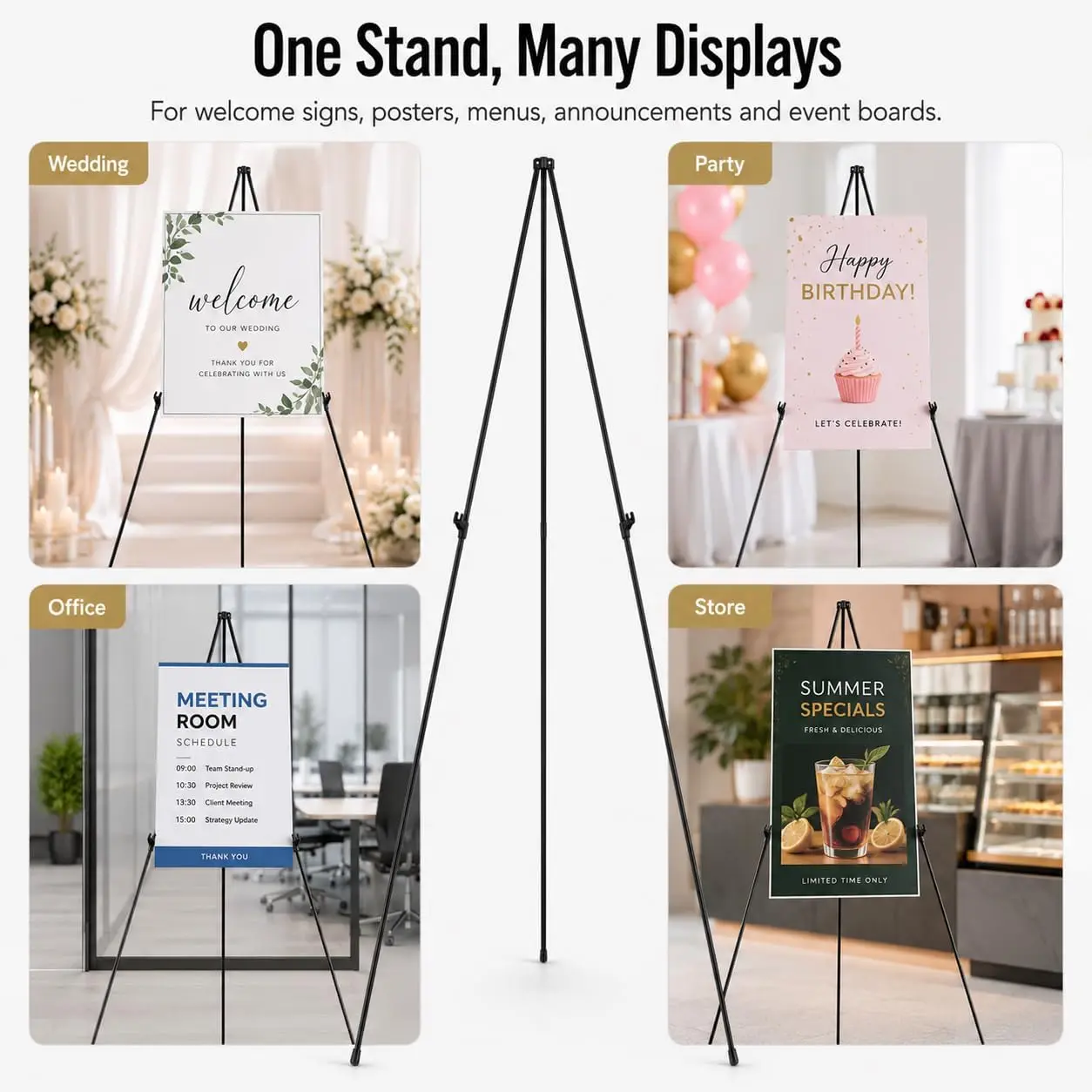 Portable Foldable Metal Tripod Easel Stand - Height-Adjustable Indoor Floor Display Sign Holder with Sliding Clips, Anti-Slip Feet, Lightweight Freestanding for Artwork, Decor Accessories (Room Decor for Decorating My Room Use, Matte White & Black)