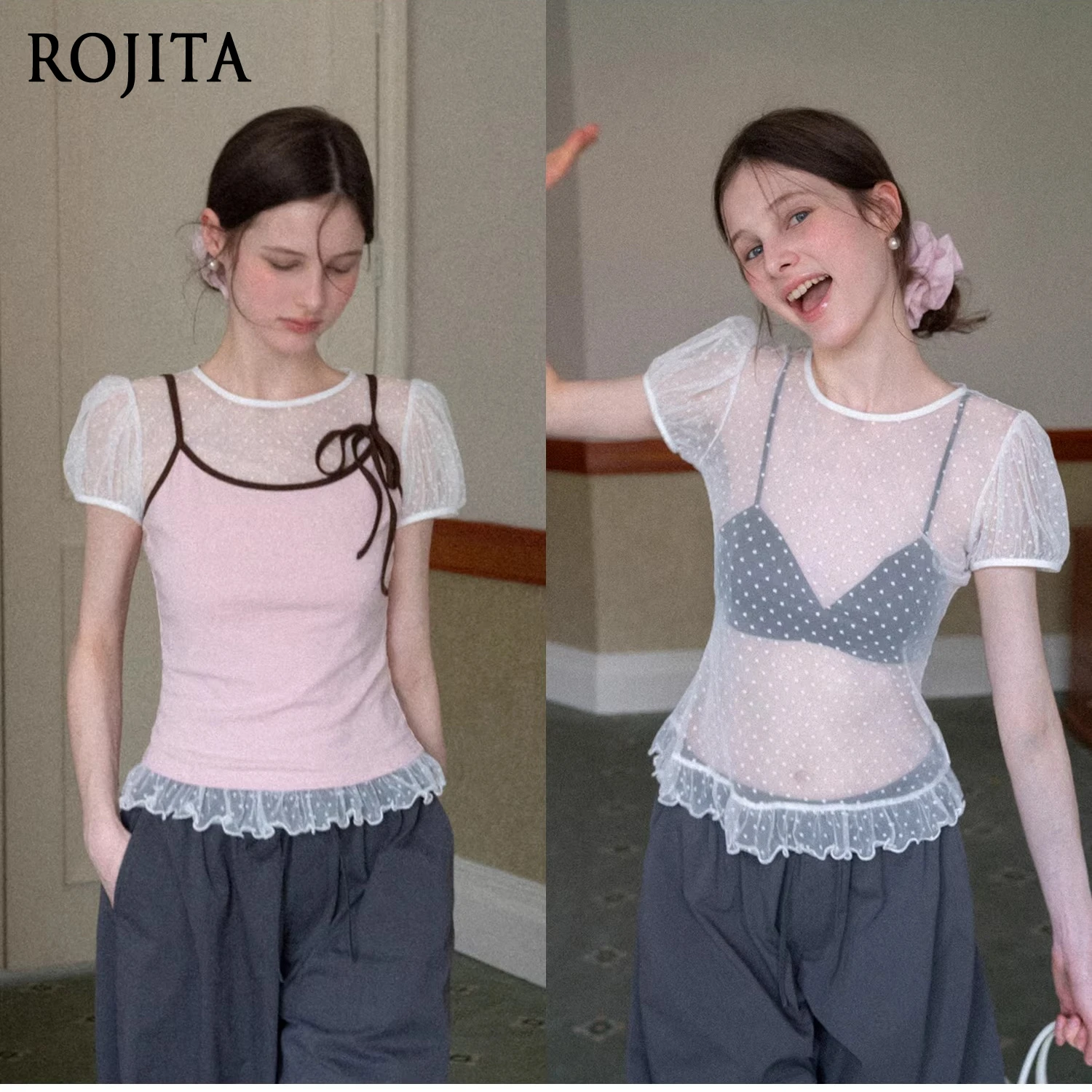 

Round Neck Stacked Ruffle Leaf Edge Perspective Polka Dot Mesh T-shirt Summer Round Neck Front Shoulder Bubble Sleeve Top