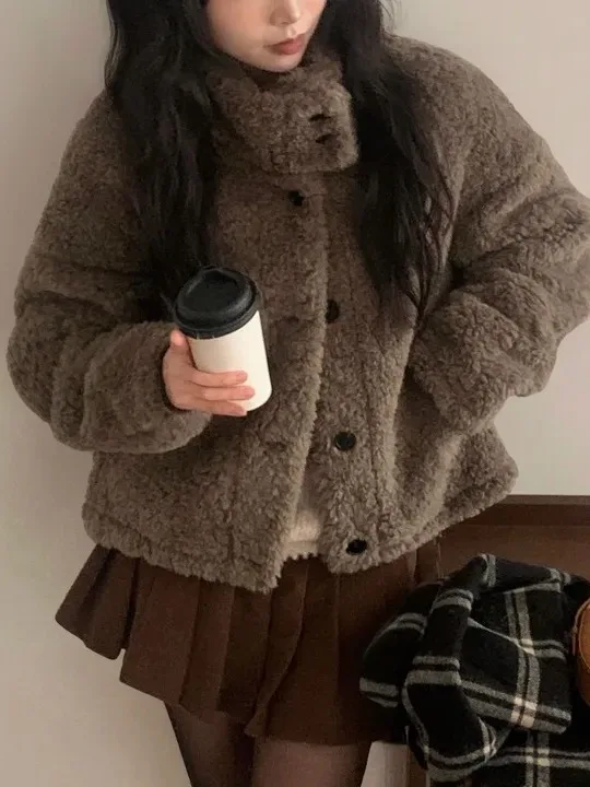 Chic ort Thiened Lamm Pelz Jaet frauen Stehkragen Mantel Koreanische Sle Lose Fit Winter Faion Weiche Milch Farbe mantel