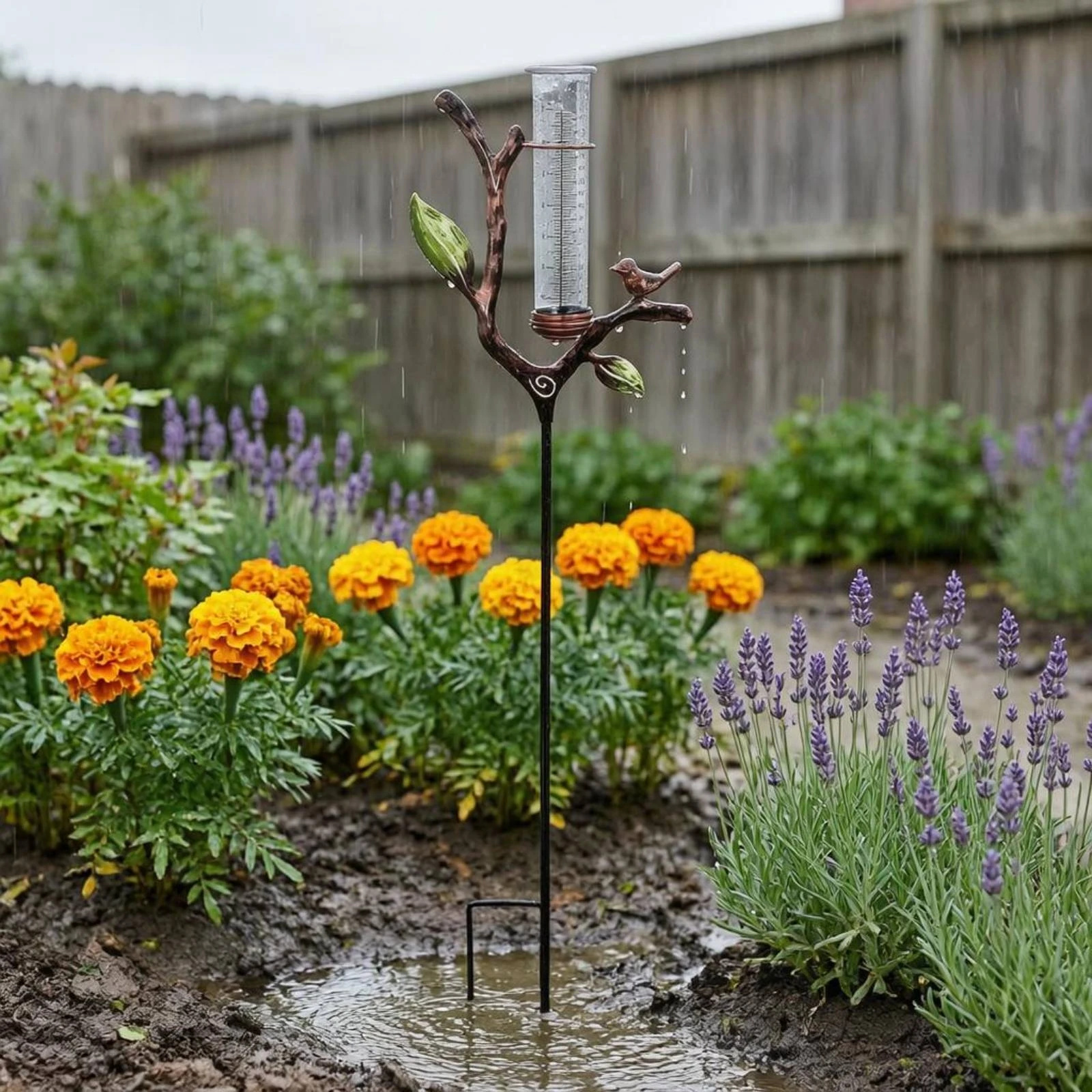 Pluviomètre décoratif en forme d'oiseau, finition bronze, piquet métallique, décor extérieur, graduations faciles à lire pour le jardin