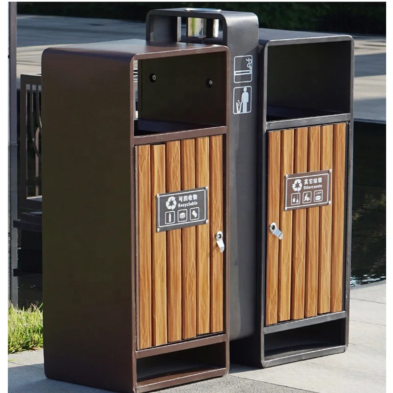 Modern New Design Plastic Wood Steel Recycle Bin Discount Commercial Wooden Trash Can