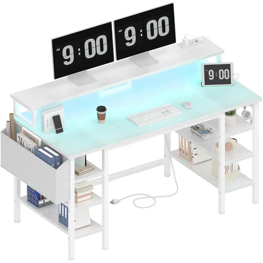 

White Desk with Storage Shelves - 47 inch Home Office Gaming Desk with Monitor Stand, Computer Desk with LED Lights and