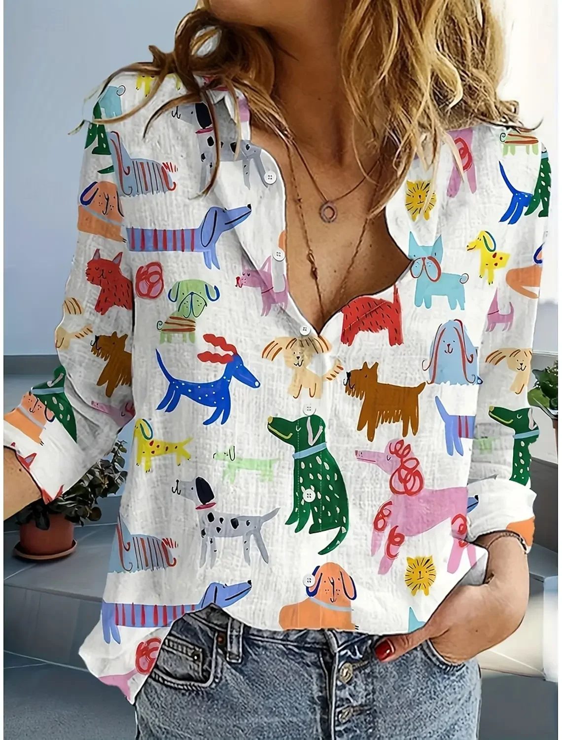 

Women Shirts Animal Dog Graphic Stylish Casual Spring and Autumn Long Sleeved Shirt Collar Regular Tops Daily Ladies Blouses Top