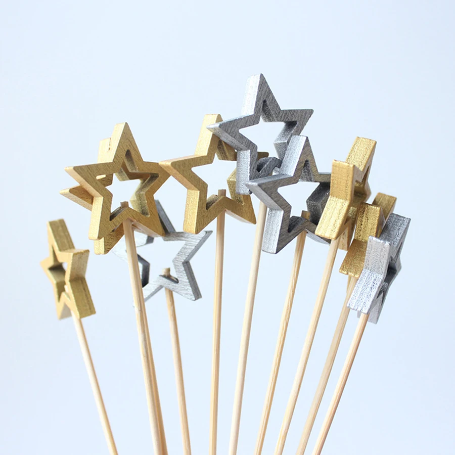 50pcs Golden Silver Hollow Star Bamboo Skewers Buffet Fruit Food Picks Cocktail Sticks Christmas Party Birthday Wedding Decor