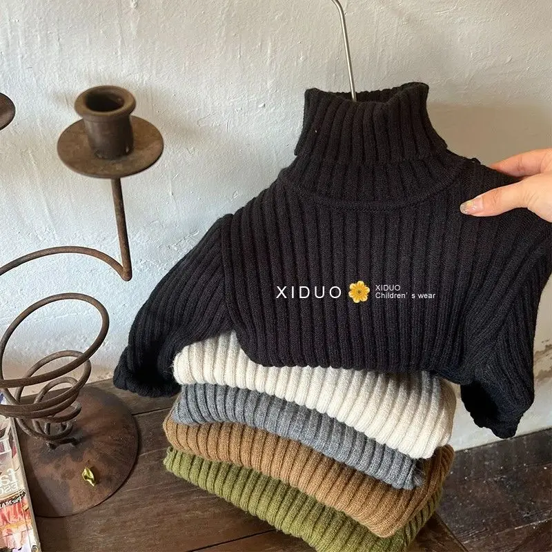 Korean children's children's sweater 2023 autumn winter new men girls solid color sweater baby high neck elastic thread sweater