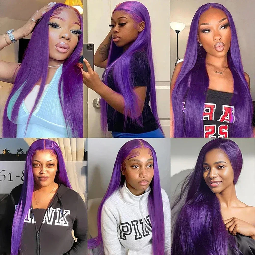 Pelucas delanteras de encaje púrpura 13x4, pelucas de cabello humano liso con hueso, pelucas 100% hermosas para niñas que usan pelucas tienen una gran densidad del 180%