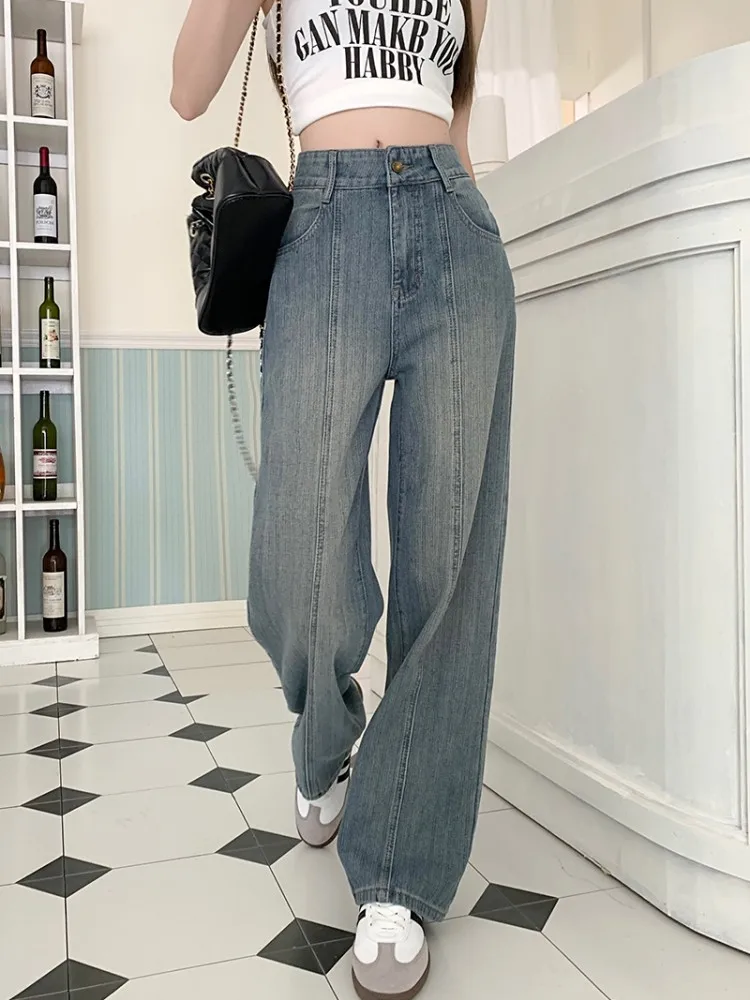 S-XL Summer Korean Style women Striped long Straight denim pants Blue High waist Wide Leg Denim jeans for womens(L60061