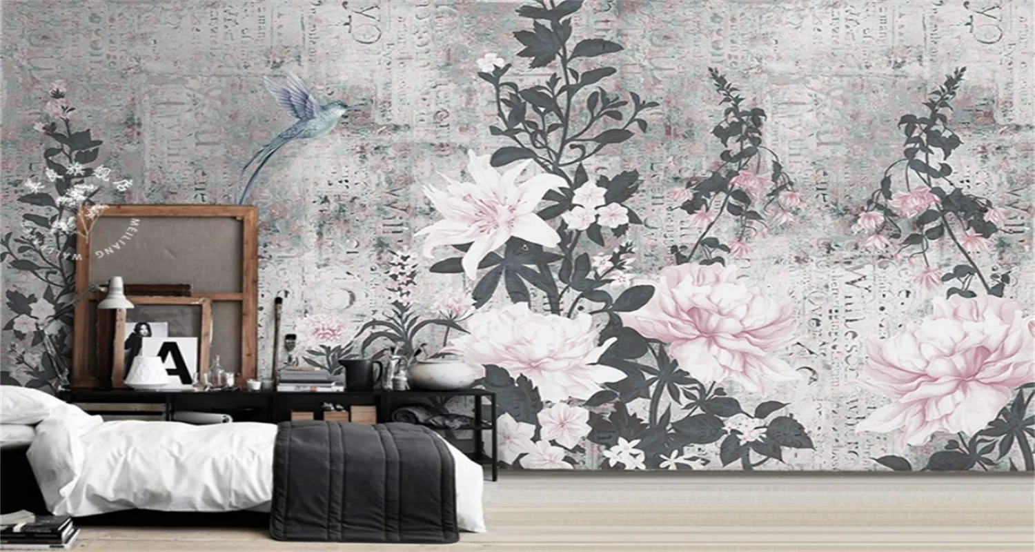 Customized size wallpaper, Chinese flower, bird, branch mural, hand-painted persimmon fruit, flying bird, mountain peak mural