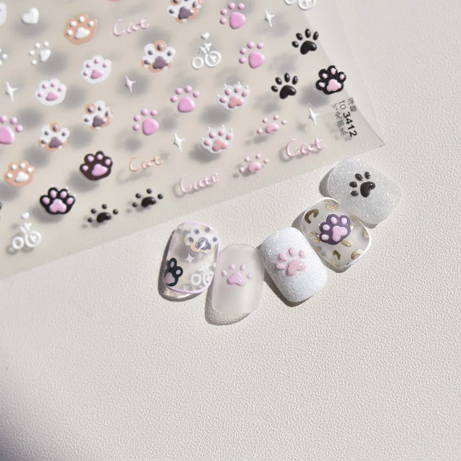 Cute Jelly Pink Cat Paw Print Nail Sticker Kawaii Pink Black Cat Claw 5D Embossed Self-Adhesive Nail Art Sticker Nail Art Decal