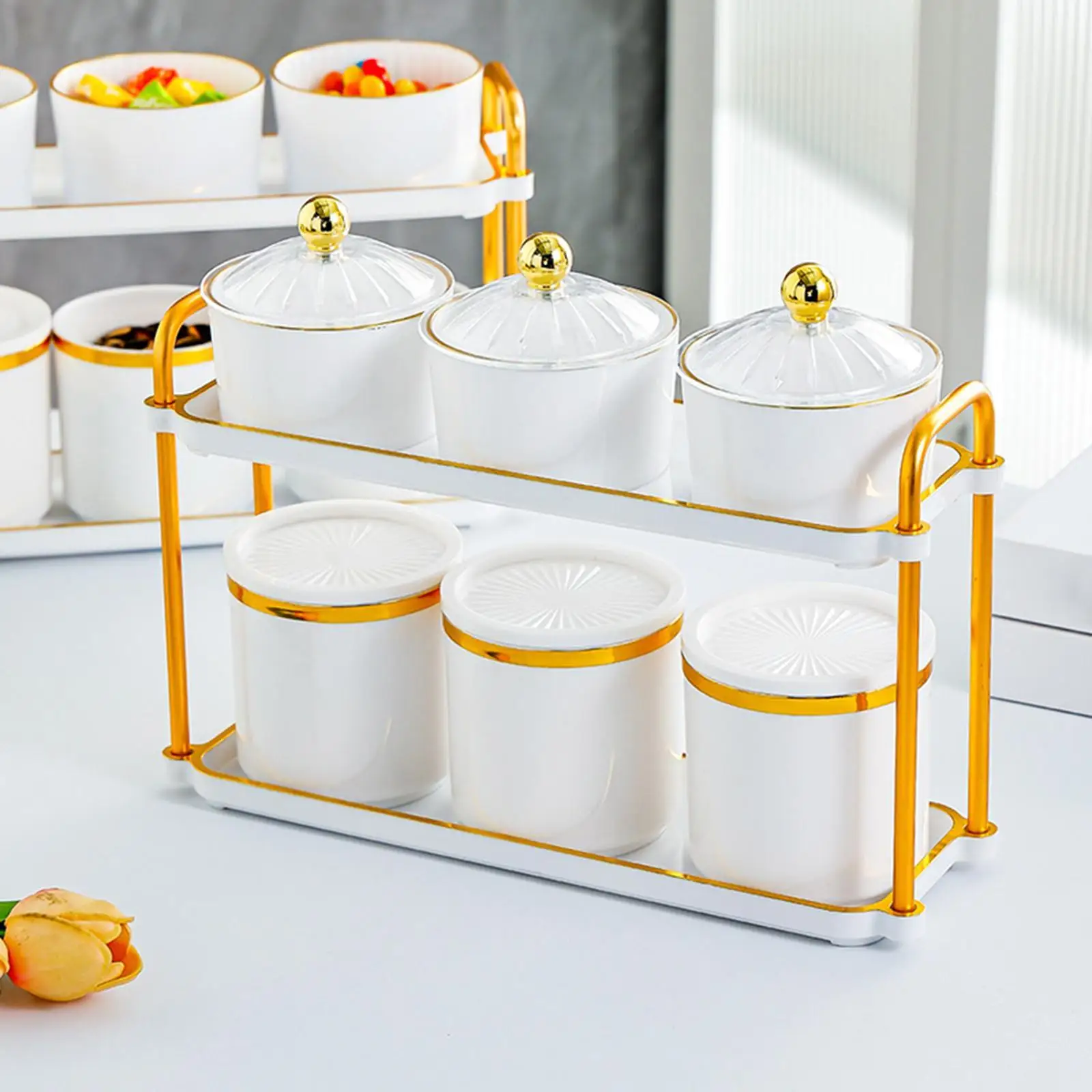 

6 Pieces Spice Serving Jars Set Seasoning Jar with Lid and Tray 2 Layer Stylish Simple Condiment Canisters Pots Set for Cafe