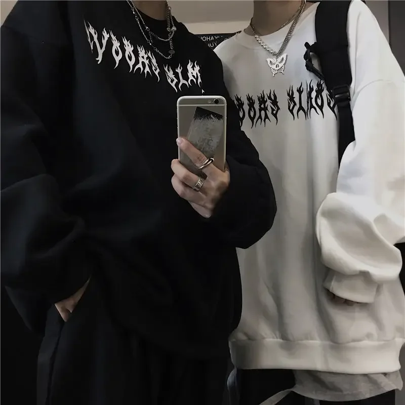 Autumn Punk Black Sweatshirts Tops Gothic Grunge Oversized Hoodie Streetwear Womens Hip-hop Cool Couple High Street Pullovers