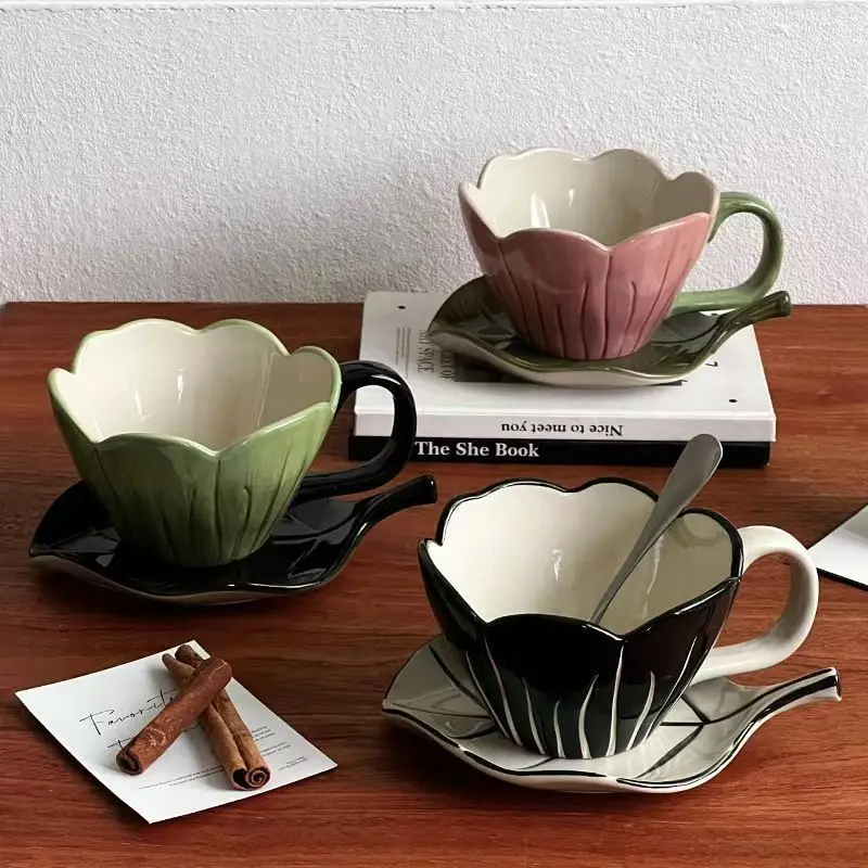 Vintage Tulip Cup with Dish Ceramic Tulip Shaped Cup Creative Hand-painted Home Afternoon Tea Coffee Mug Unique Tableware Series