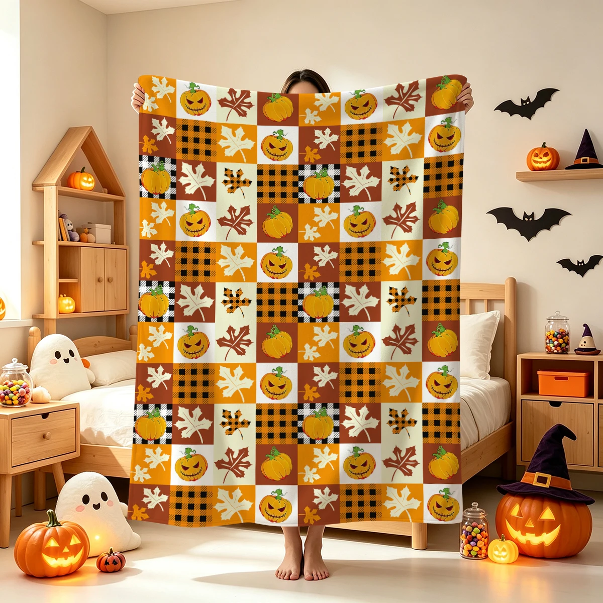 1pc Halloween Pumpkin Maple Leaf Flannel Throw Blanket Soft Nap Blanket for Sofa Bed Couch Decor 
