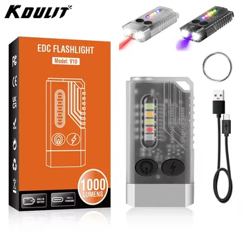 KDULIT V10 EDC 키체인 손전등, 휴대용 미니 토치, C 타입 충전식 작업등, 자석 UV 경고음, 캠핑 포켓 랜턴