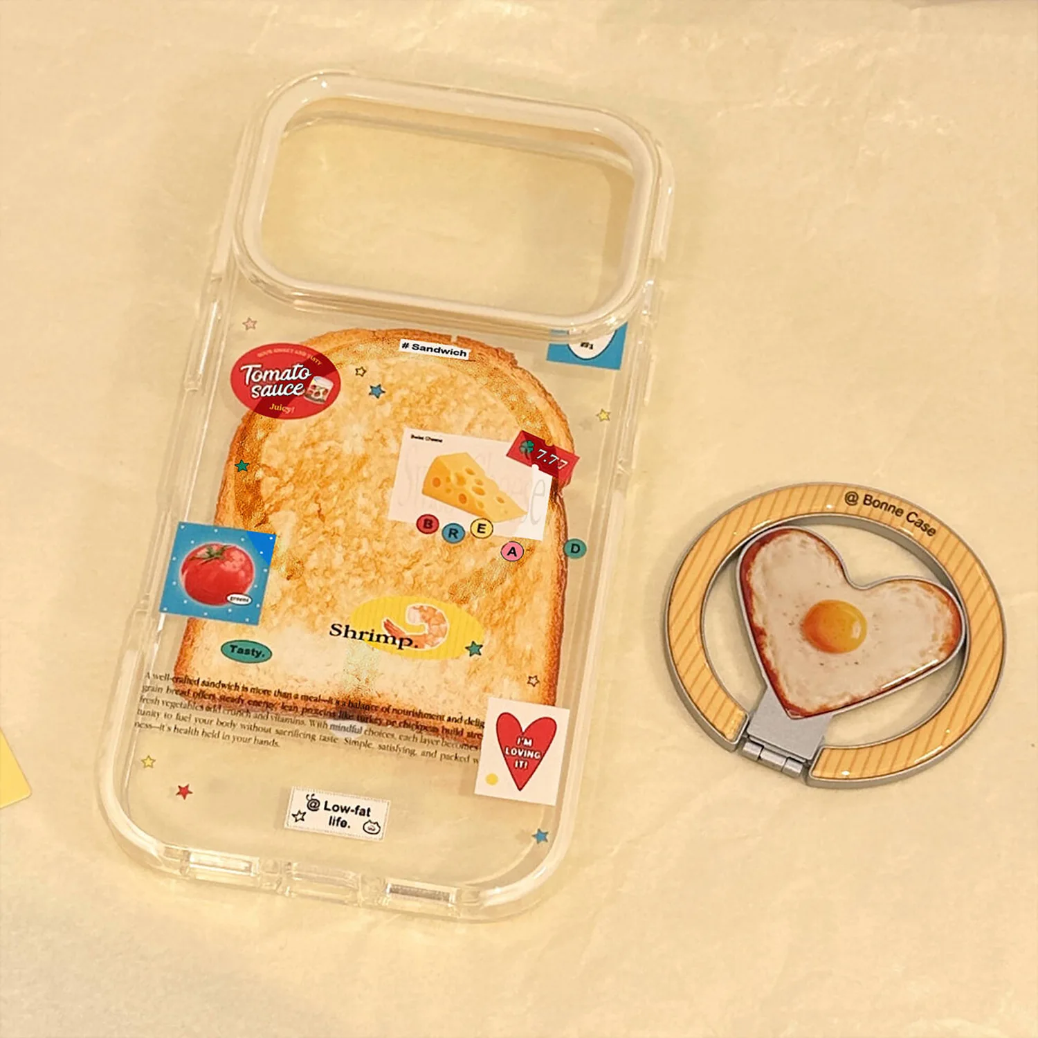 Koreanisches Toast-Muster mit Spiegelei und Herz-Magnetständer Handyhülle für iPhone 17 16 15 14 13 12 Pro Max Stoßfeste Schutzhülle