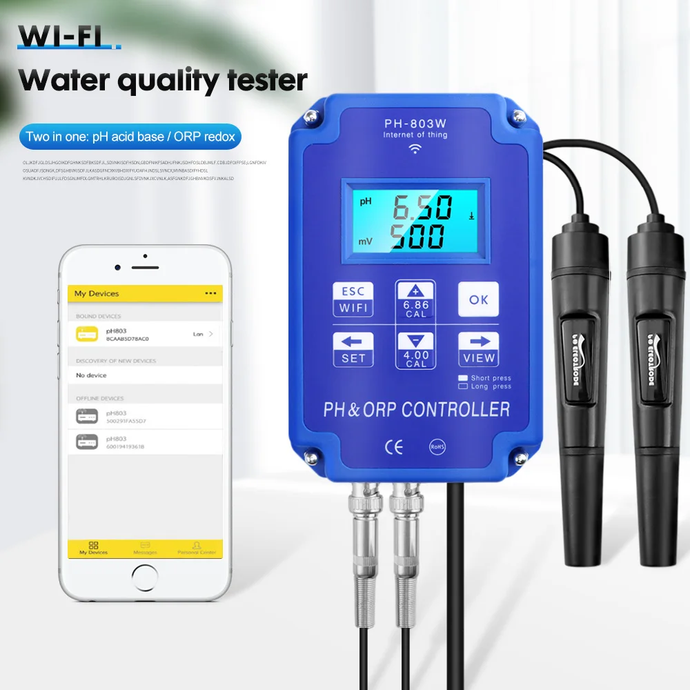 PH-803W Wifi Monitor Digital PH&ORP Controller BNC Probe Online Water Quality Tester for Aquarium Hydroponics Swimming Pool