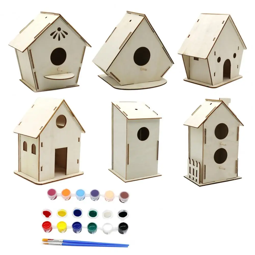 Wooden Building Bird House Graffiti Pens Set Diy Safe Painting Wooden Crafts Bird Cages Birds Nests For Schools Christmas Decor