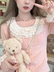 Autumn Japanese Kawaii Lolita Blouse Women Lace Knitted Korean Elegant T-shirt Female Fashion Long Sleeve Casual Design Tops New