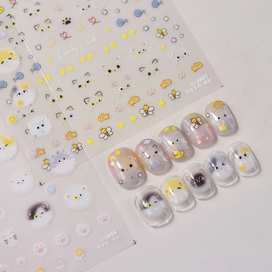 ملصقات فنية للأظافر من Kawaii popom Cat ، شارات منزلقة ذاتية اللصق ، كرتون ياباني ، خطوط الربيع ، زهرة ، تصنعها بنفسك ، 5D ، 1