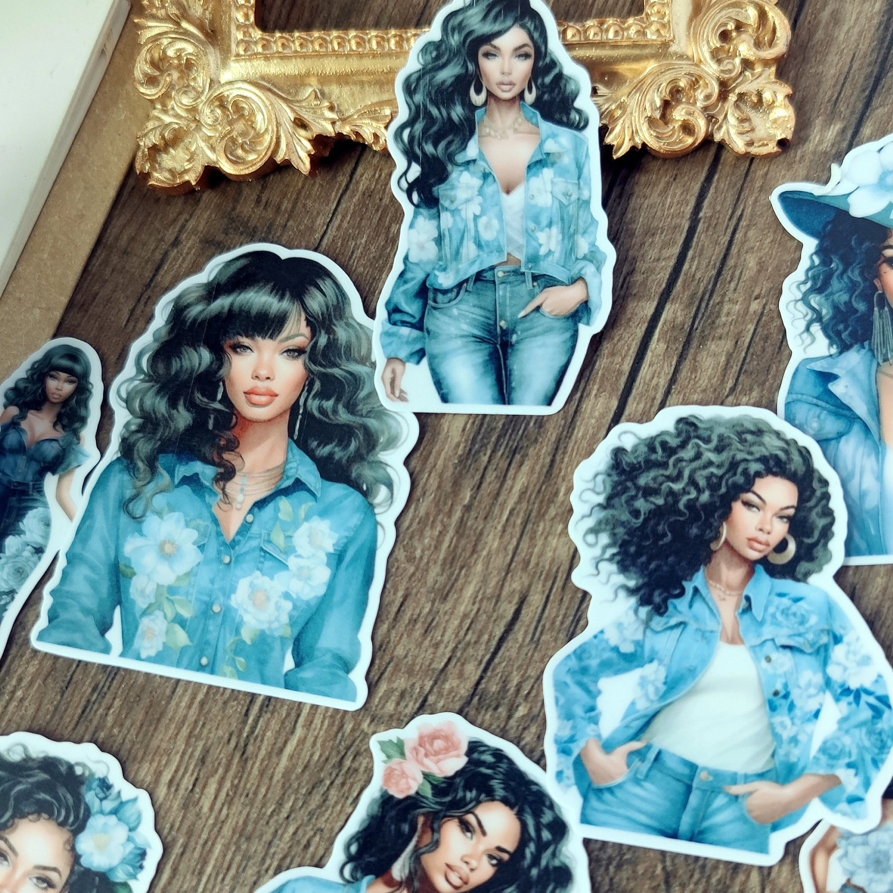1 set Watercolor Fashionable denim clothing, African black pearl beauty Stickers  Decorative Labels Scrapbooking Junk Journal