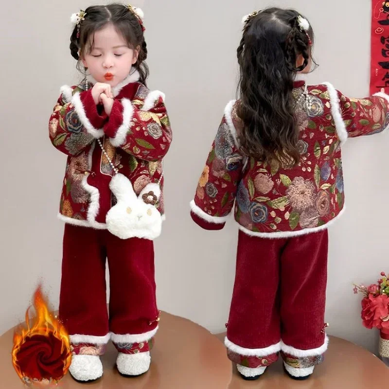 2025 Winter 2-10Years Child Tangsuit Traditional New Year Customes Kids Thicken Warm Coat+Wide Leg Pants With Bags 3 Pcs Outfits