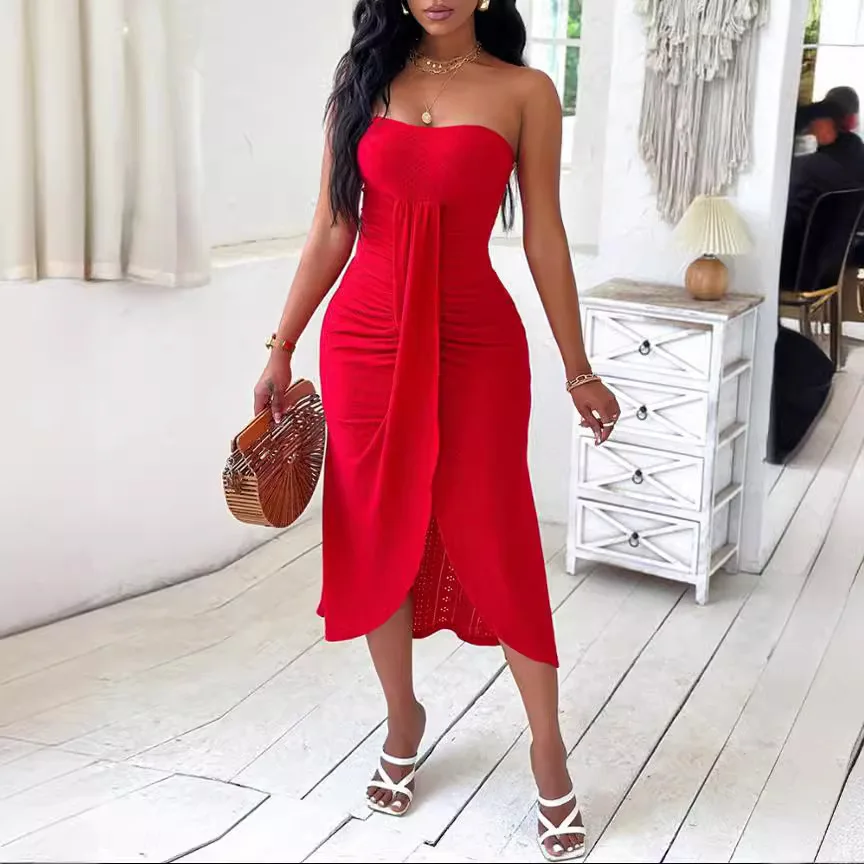 

Women Sexy Backless Strapless Solid Dress Fashion New Summer Bandeau Ruched Off Shoulder Hook Flower Hollow Slit Casual Dresses