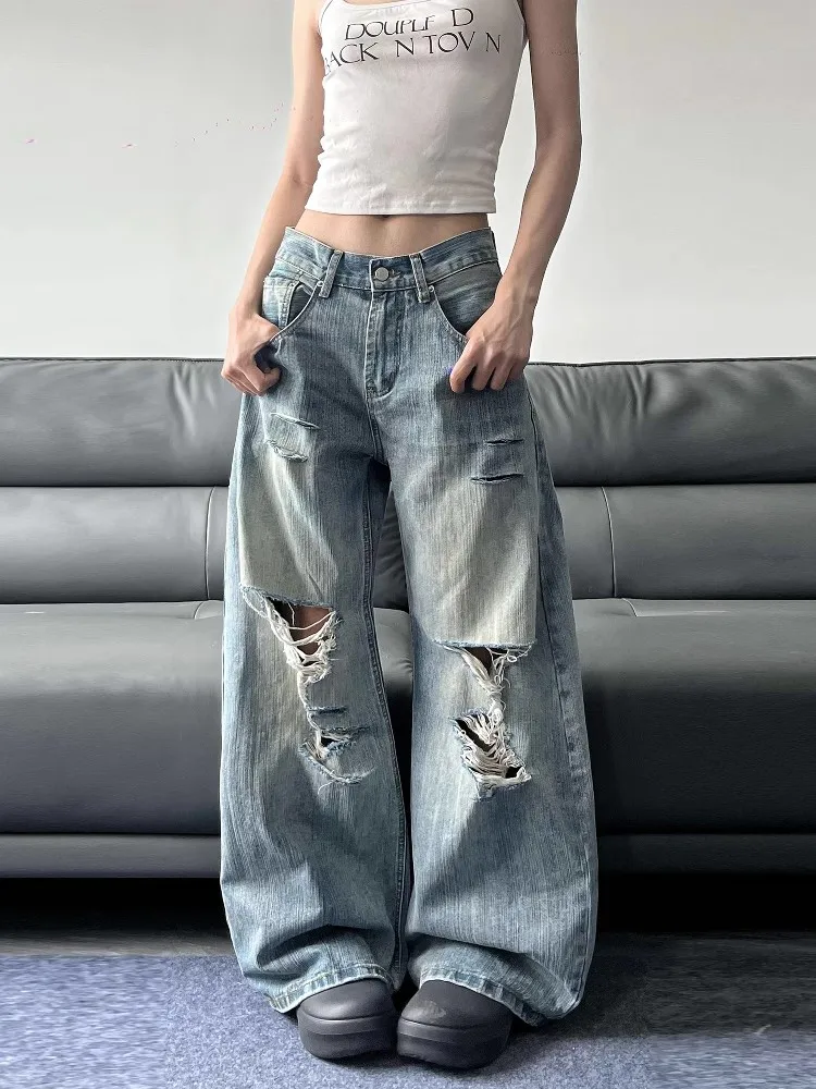 2025 Sommer hohe Taille zerrissene Damen Blue Jeans American Vintage Streetwear Y2K weites Bein Jean 2000er Jahre Hose Baggy Denim Hose