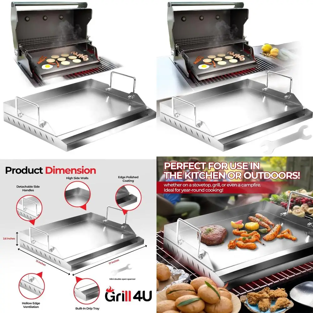 

Гриль-сковорода из нержавеющей стали 17 x 13 дюймов - антипригарная плоская поверхность с равномерным нагревом и канавкой для сбора жира для приготовления на открытом воздухе и кемпинга